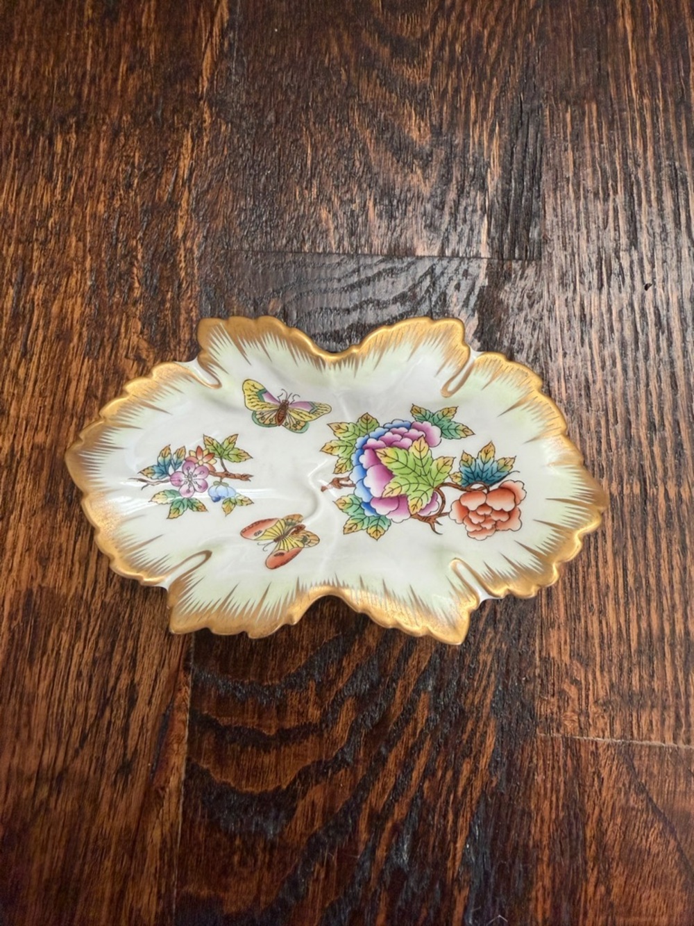 Herend Hungary Porcelain Butterfly Floral Gold Trim Leaf Shaped Platter
